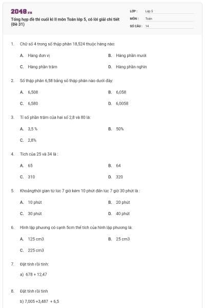 Tổng hợp đề thi cuối kì II môn Toán lớp 5, có lời giải chi tiết (Đề 31)