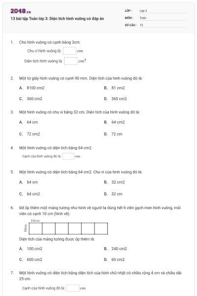 13 bài tập Toán lớp 3: Diện tích hình vuông có đáp án
