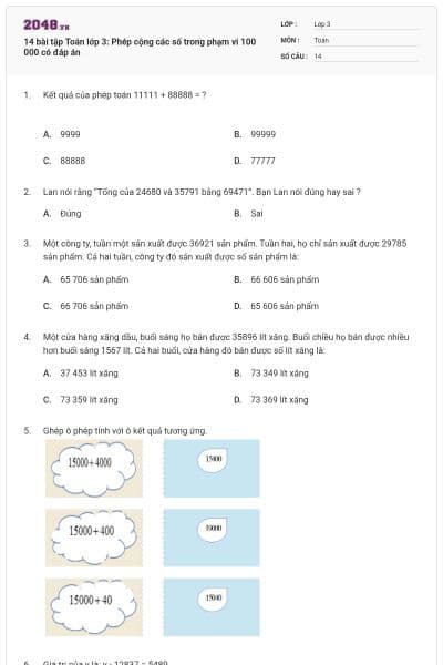 14 bài tập Toán lớp 3: Phép cộng các số trong phạm vi 100 000 có đáp án
