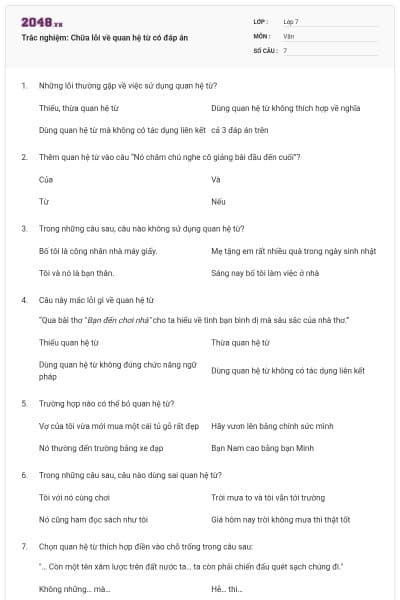 Trắc nghiệm: Chữa lỗi về quan hệ từ có đáp án