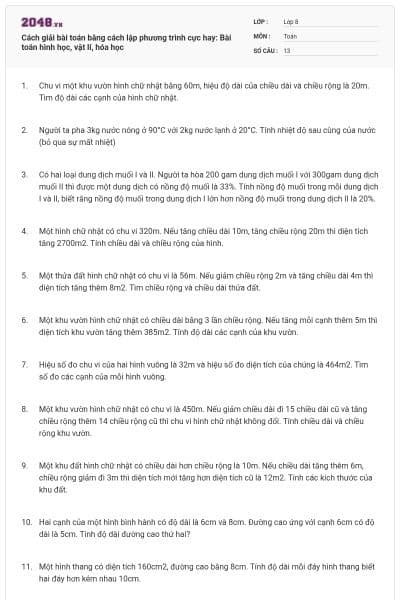 Cách giải bài toán bằng cách lập phương trình cực hay: Bài toán hình học, vật lí, hóa học