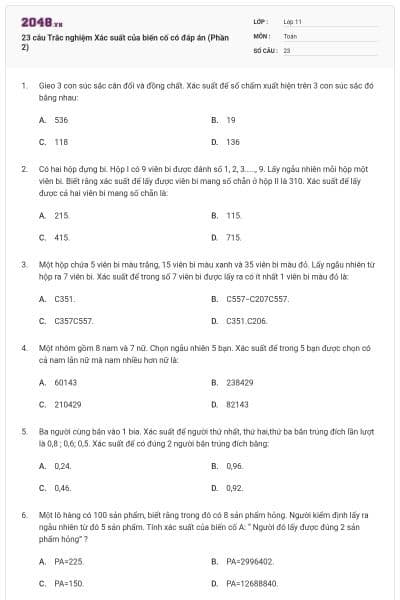 23 câu Trắc nghiệm Xác suất của biến cố có đáp án (Phần 2)