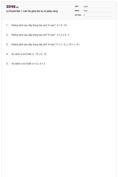 Lý thuyết Bài 1: Liên hệ giữa thứ tự và phép cộng