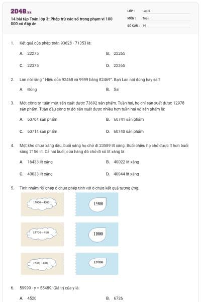 14 bài tập Toán lớp 3: Phép trừ các số trong phạm vi 100 000 có đáp án