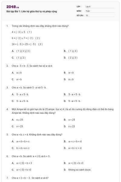 Bài tập Bài 1: Liên hệ giữa thứ tự và phép cộng