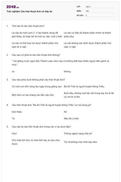 Trắc nghiệm Câu trần thuật đơn có đáp án