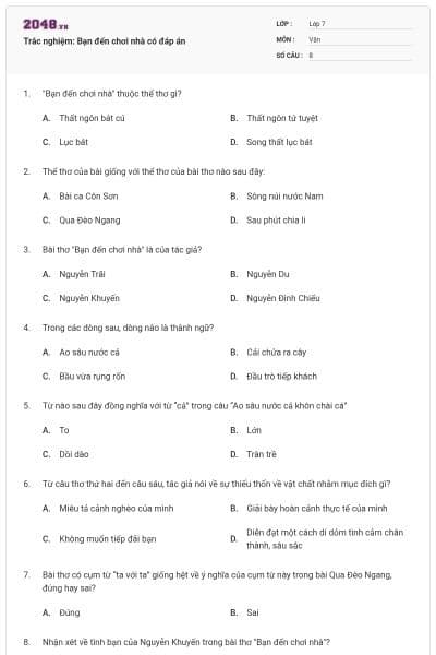 Trắc nghiệm: Bạn đến chơi nhà có đáp án