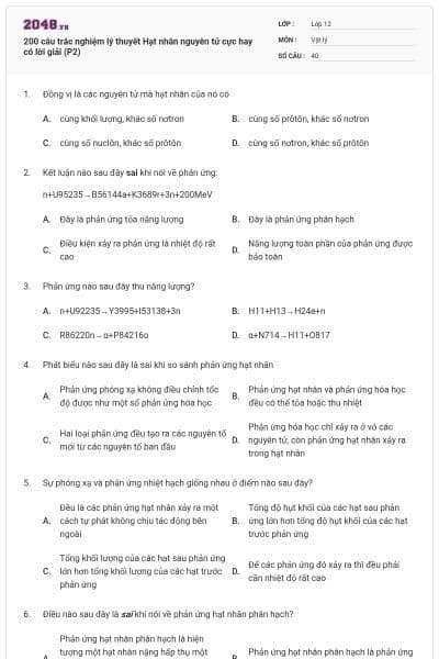 200 câu trắc nghiệm lý thuyết Hạt nhân nguyên tử cực hay có lời giải (P2)