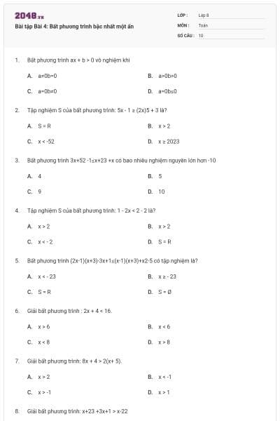 Bài tập Bài 4: Bất phương trình bậc nhất một ẩn