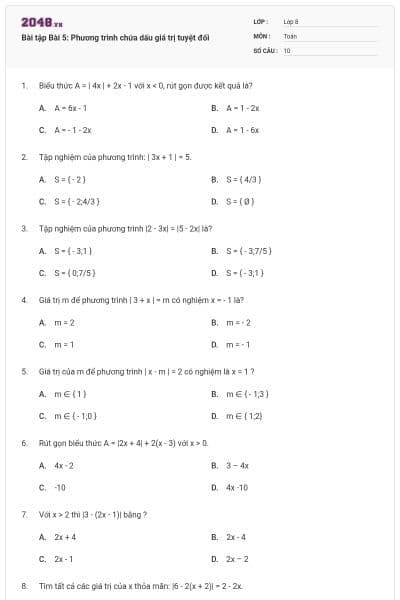 Bài tập Bài 5: Phương trình chứa dấu giá trị tuyệt đối