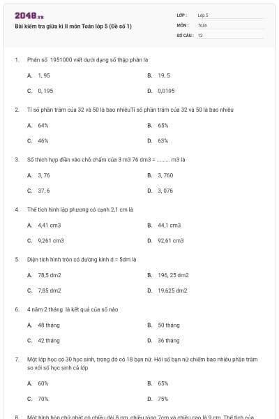 Bài kiểm tra giữa kì II môn Toán lớp 5 (Đề số 1)