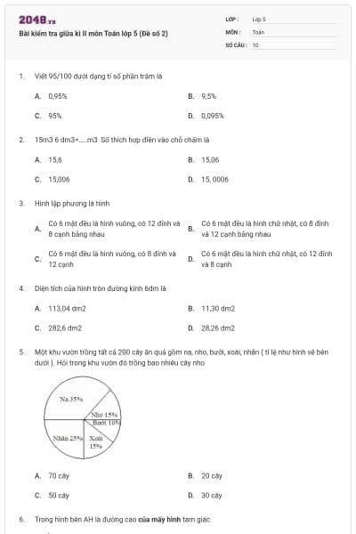 Bài kiểm tra giữa kì II môn Toán lớp 5 (Đề số 2)