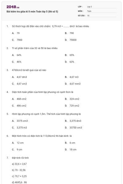 Bài kiểm tra giữa kì II môn Toán lớp 5 (Đề số 5)