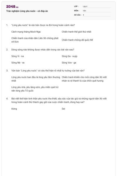 Trắc nghiệm Lòng yêu nước - có đáp án