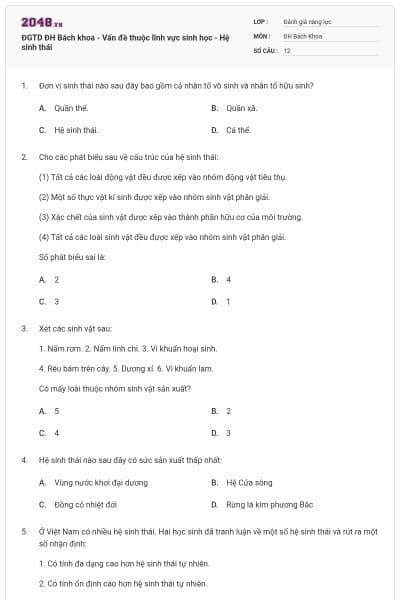 ĐGTD ĐH Bách khoa - Vấn đề thuộc lĩnh vực sinh học - Hệ sinh thái