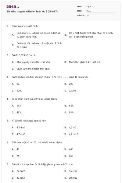 Bài kiểm tra giữa kì II môn Toán lớp 5 (Đề số 7)