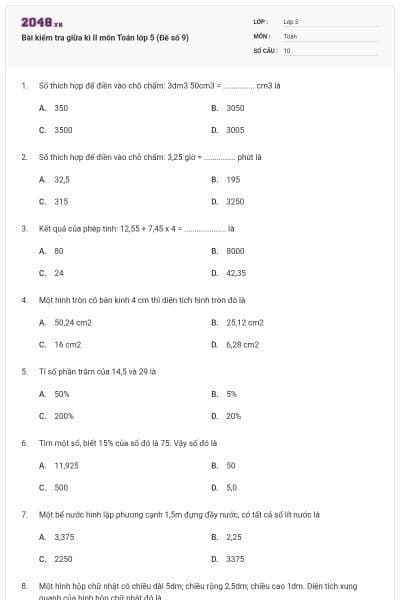Bài kiểm tra giữa kì II môn Toán lớp 5 (Đề số 9)