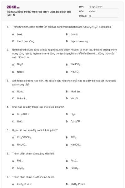 [Năm 2022] Đề thi thử môn Hóa THPT Quốc gia có lời giải (Đề 14)