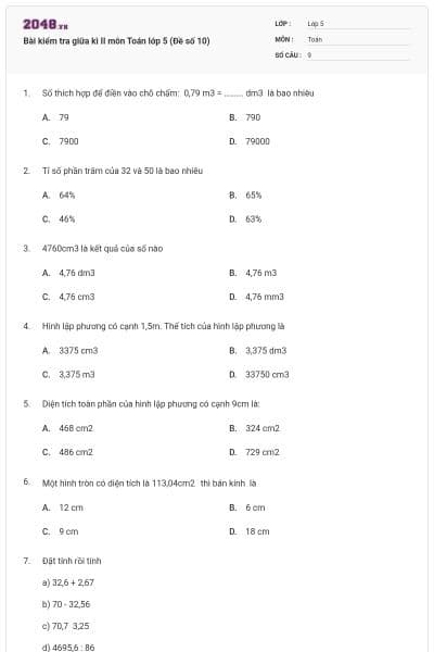 Bài kiểm tra giữa kì II môn Toán lớp 5 (Đề số 10)