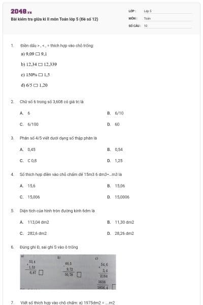 Bài kiểm tra giữa kì II môn Toán lớp 5 (Đề số 12)