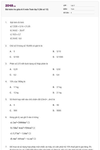Bài kiểm tra giữa kì II môn Toán lớp 5 (Đề số 13)