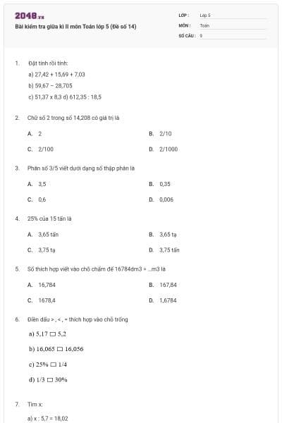 Bài kiểm tra giữa kì II môn Toán lớp 5 (Đề số 14)