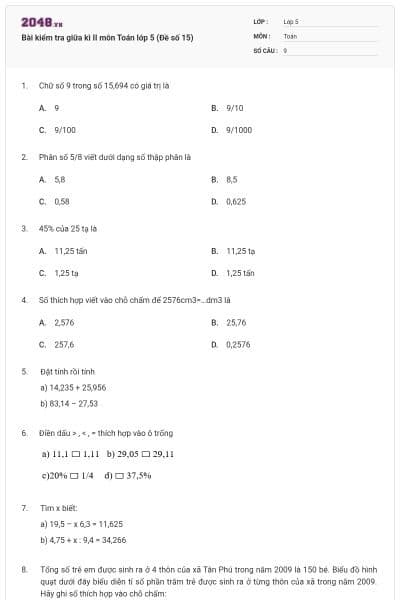 Bài kiểm tra giữa kì II môn Toán lớp 5 (Đề số 15)