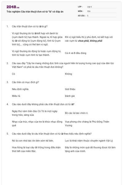 Trắc nghiệm Câu trần thuật đơn có từ "là" có đáp án