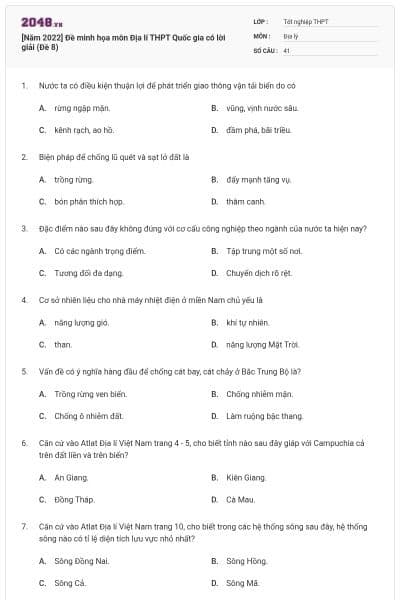 [Năm 2022] Đề minh họa môn Địa lí THPT Quốc gia có lời giải (Đề 8)