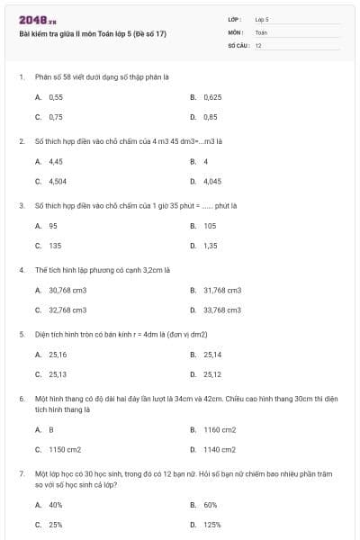 Bài kiểm tra giữa II môn Toán lớp 5 (Đề số 17)