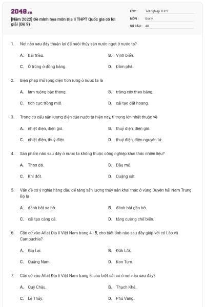 [Năm 2022] Đề minh họa môn Địa lí THPT Quốc gia có lời giải (Đề 9)