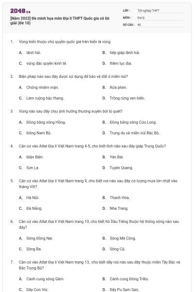 [Năm 2022] Đề minh họa môn Địa lí THPT Quốc gia có lời giải (Đề 10)