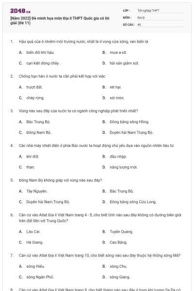 [Năm 2022] Đề minh họa môn Địa lí THPT Quốc gia có lời giải (Đề 11)