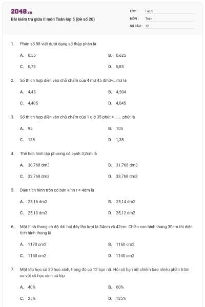 Bài kiểm tra giữa II môn Toán lớp 5 (Đề số 20)