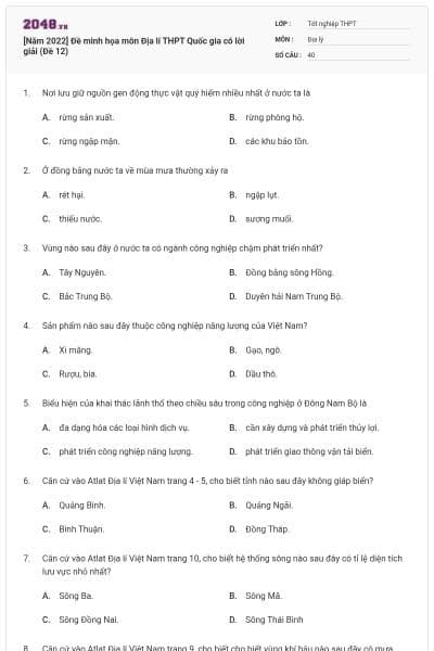 [Năm 2022] Đề minh họa môn Địa lí THPT Quốc gia có lời giải (Đề 12)