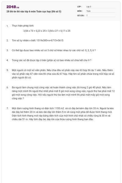 28 Đề ôn thi vào lớp 6 môn Toán cực hay (Đề số 5)