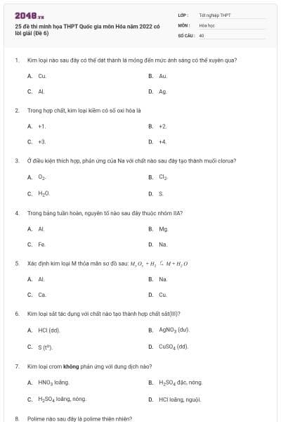 25 đề thi minh họa THPT Quốc gia môn Hóa năm 2022 có lời giải (Đề 6)
