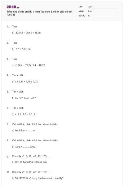 Tổng hợp đề thi cuối kì II môn Toán lớp 5, có lời giải chi tiết (Đề 35)