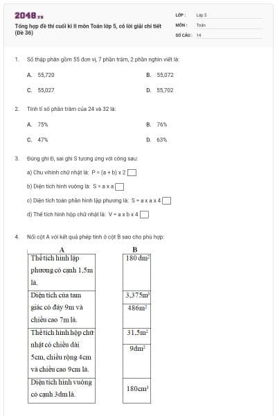 Tổng hợp đề thi cuối kì II môn Toán lớp 5, có lời giải chi tiết (Đề 36)