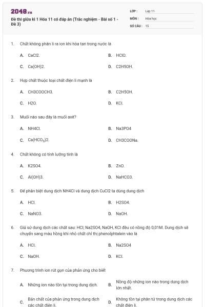 Đề thi giữa kì 1 Hóa 11 có đáp án (Trắc nghiệm - Bài số 1 - Đề 3)