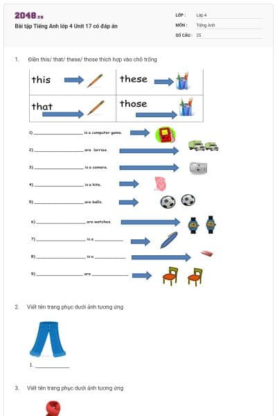 Bài tập Tiếng Anh lớp 4 Unit 17 có đáp án