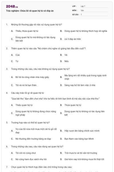 Trắc nghiệm: Chữa lỗi về quan hệ từ có đáp án
