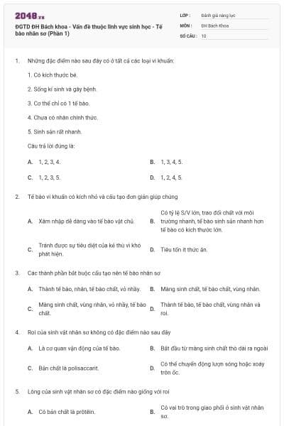 ĐGTD ĐH Bách khoa - Vấn đề thuộc lĩnh vực sinh học - Tế bào nhân sơ (Phần 1)