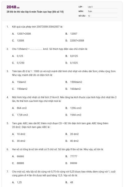 28 Đề ôn thi vào lớp 6 môn Toán cực hay (Đề số 10)