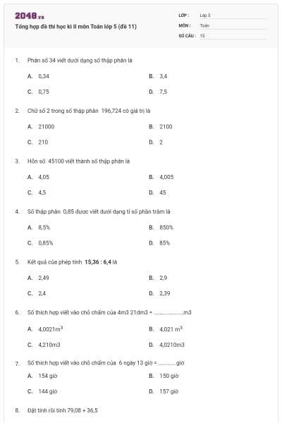 Tổng hợp đề thi học kì II môn Toán lớp 5 (đề 11)