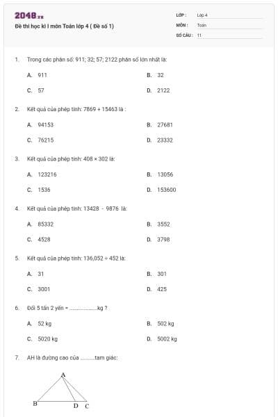 Đề thi học kì I môn Toán lớp 4 ( Đề số 1)