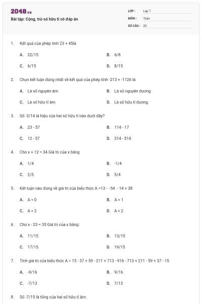 Bài tập: Cộng, trừ số hữu tỉ có đáp án