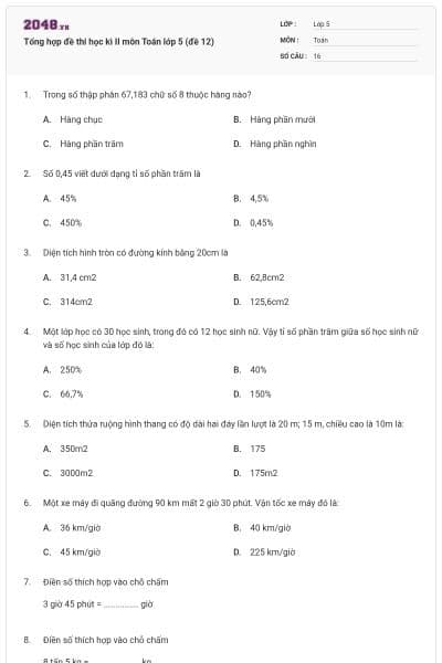 Tổng hợp đề thi học kì II môn Toán lớp 5 (đề 12)
