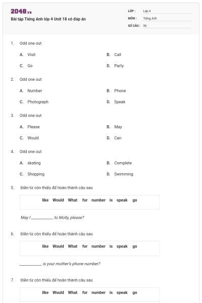 Bài tập Tiếng Anh lớp 4 Unit 18 có đáp án