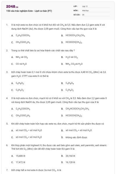 150 câu trắc nghiệm Este - Lipit cơ bản (P7)
